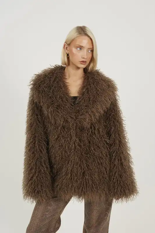 Shawl Collar Faux Mongolian Fur Jacket - Brave Soul