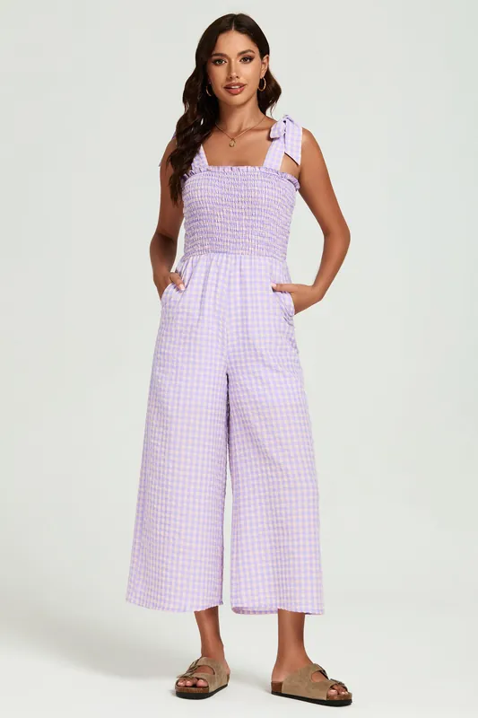 Check Print Tie Detail Jumpsuit In Purple & Pink - FS Collection