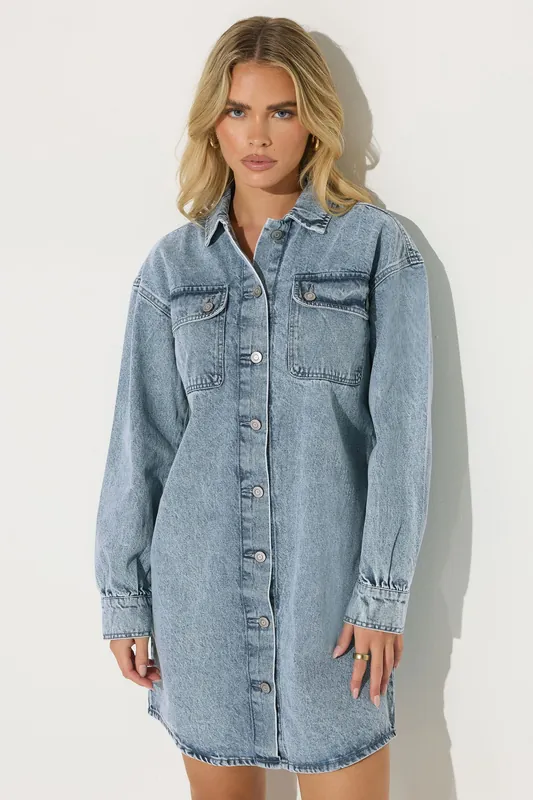 Petite Denim Shirt Mini Dress - PixieGirl