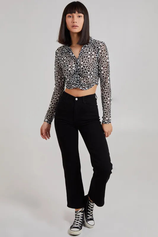Black Geometric Print Mesh Button Up Top - Pink Vanilla