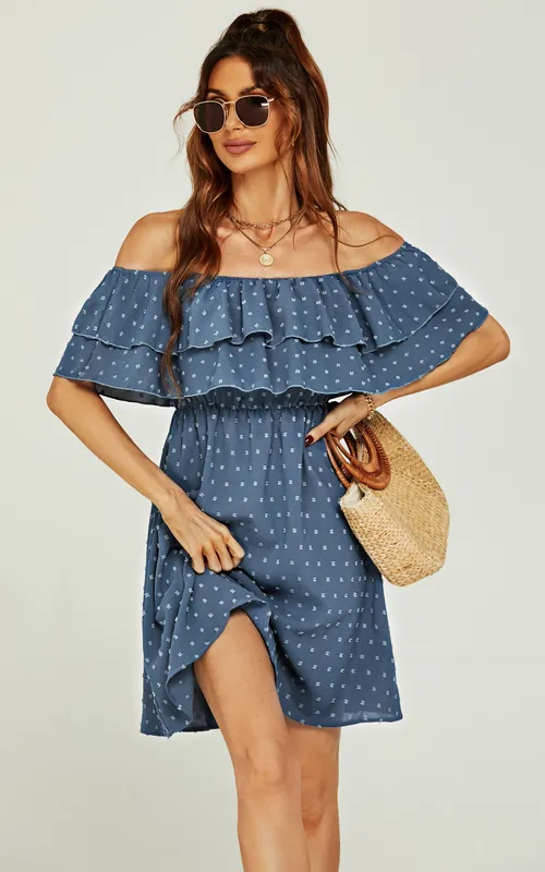 Floral Print Bardot Frill Mini Dress - FS Collection