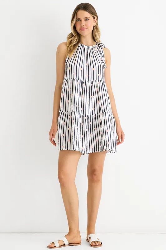 Navy Floral Stripe Cotton Tie Summer Mini Dress - Gini London