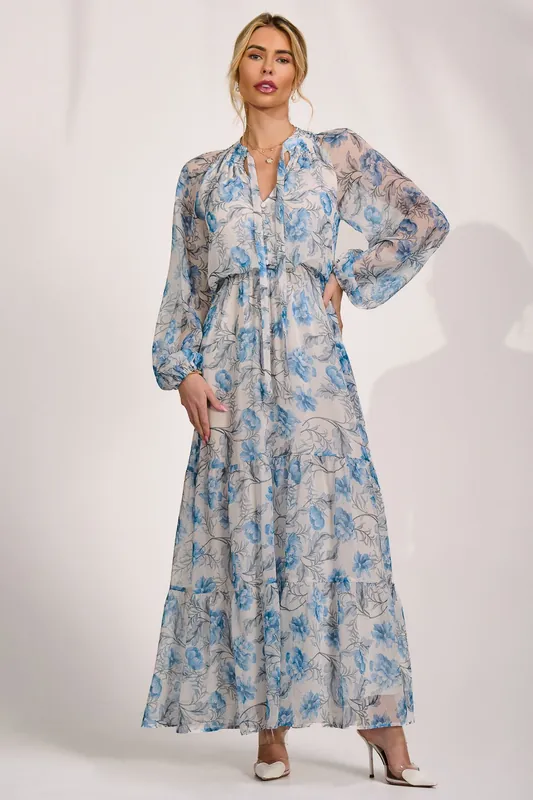 Long Sleeve Chiffon Tiered Maxi Dress - Jolie Moi