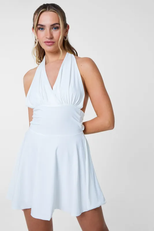 White Slinky Halter Mini Dress - Pink Vanilla
