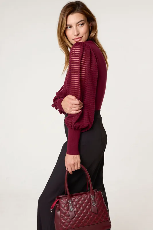 Wine Semi-Sheer Mesh Panel Long Sleeve Jumper