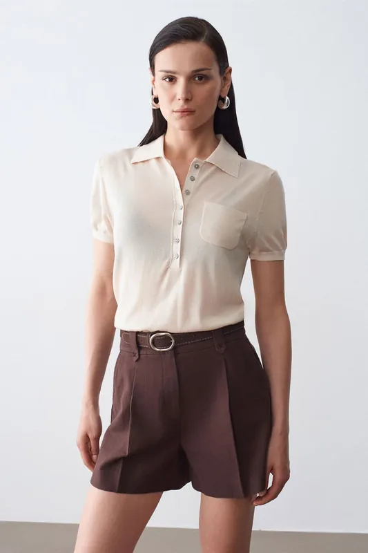 Slim Fit Polo Collar Knitted Blouse - Dilvin