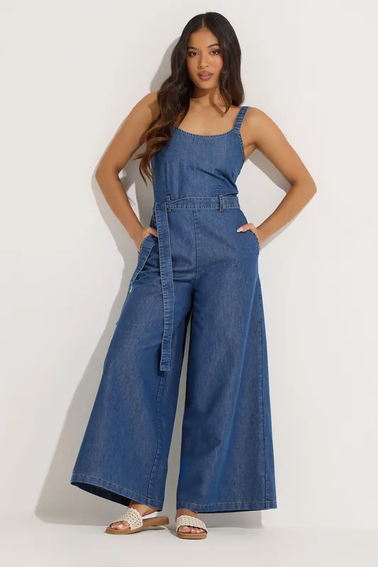 Petite Denim Wide Leg Jumpsuit - PixieGirl