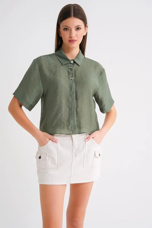 Short Sleeve Crop Shirt with Stone Accessories - MixRay
