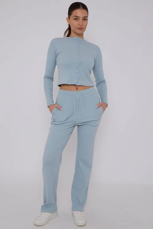 Ribbed Button Detail Crop Top and Wide Leg Trouser Co-ord