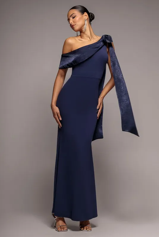 One Shoulder Velvet Satin Bow Cape Maxi Dress - Goddiva