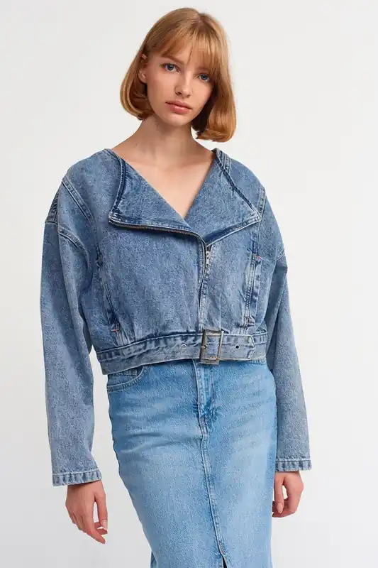 Women's Short Belted Denim Biker Jacket - Dilvin