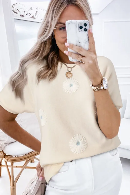 Beige Flower Pattern Short Sleeve Knitted Top - Everyday The Label