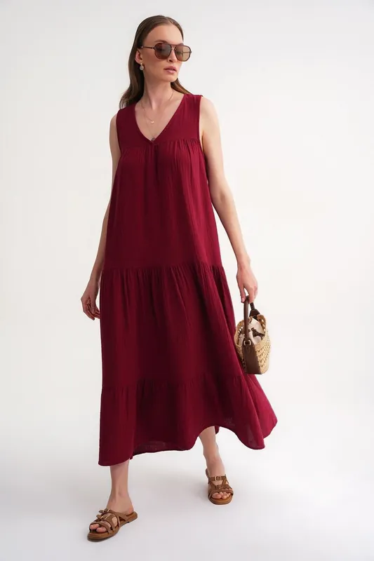 Sleeveless V-Neck Muslin Midi Dress with Pockets