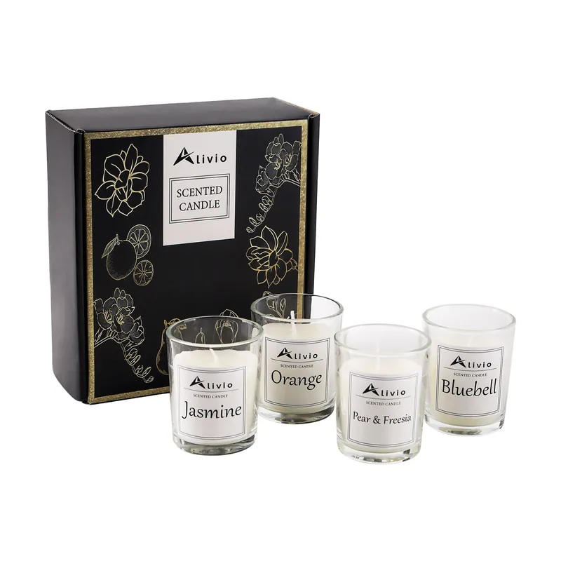 Scented Candle Gift Set, Premium Aromatherapy Candles in Glass Jars – Jasmine Orange Pear & Freesia, Bluebell Fragrance for Home Decor, Relaxation & Gifting, 100% Natural Soy Wax (Pack of 4Pc) - Alivio