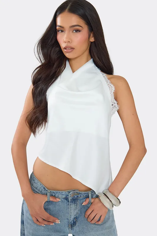 Strappy Cowl Neck Lace Trim Satin Top - EGO
