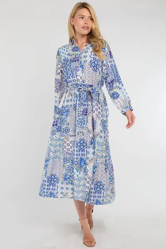 Mediterranean Blue Patchwork Print Shirt Dress - Love Sunshine