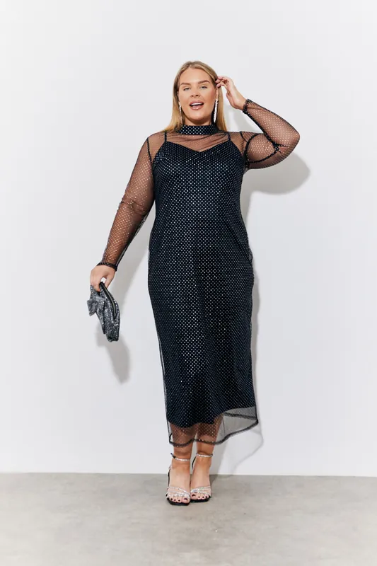 Black Mesh Metallic Detail Maxi Dress with Removable Jersey Slip Dress - In The Style