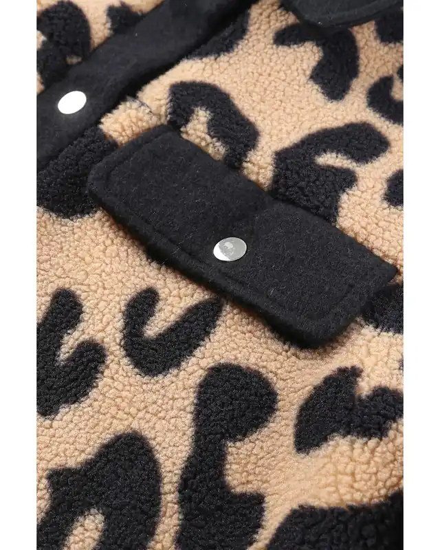 Black Contrast Trimmed Leopard Teddy Shacket Jackets - Azura Exchange