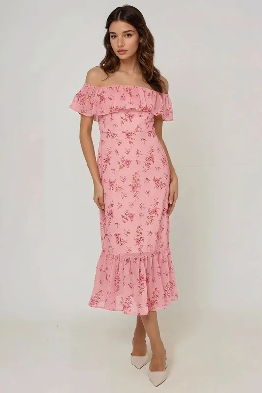 Off Shoulder Flower Pattern Bodycon Midi Dress - Hiccup