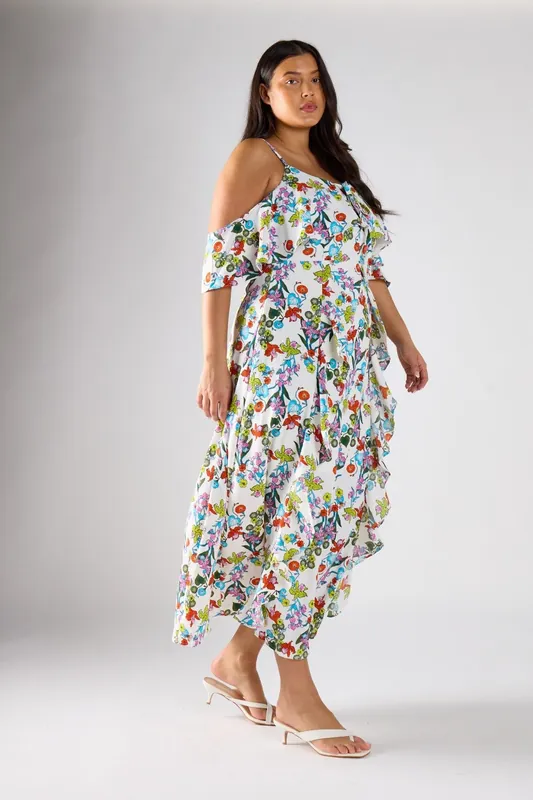 Floral Print Cold-Shoulder Tiered Maxi Dress