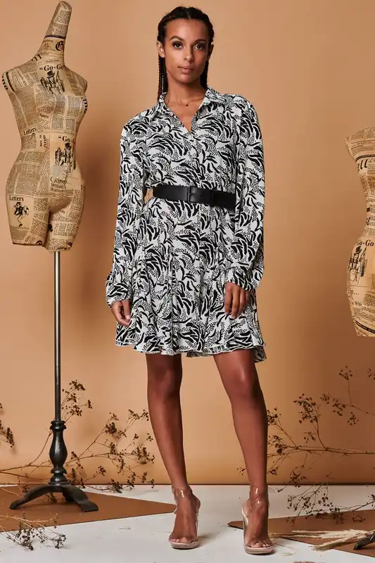Tie Cuff Flare Hem Shirt Dress - Jolie Moi