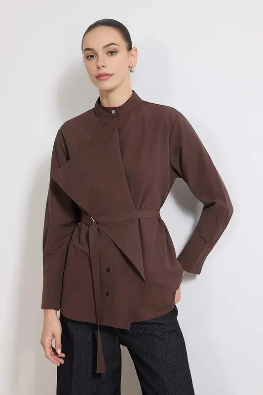 Belted Stand Collar Long Sleeve Cotton Woven Shirt - WOVCOR
