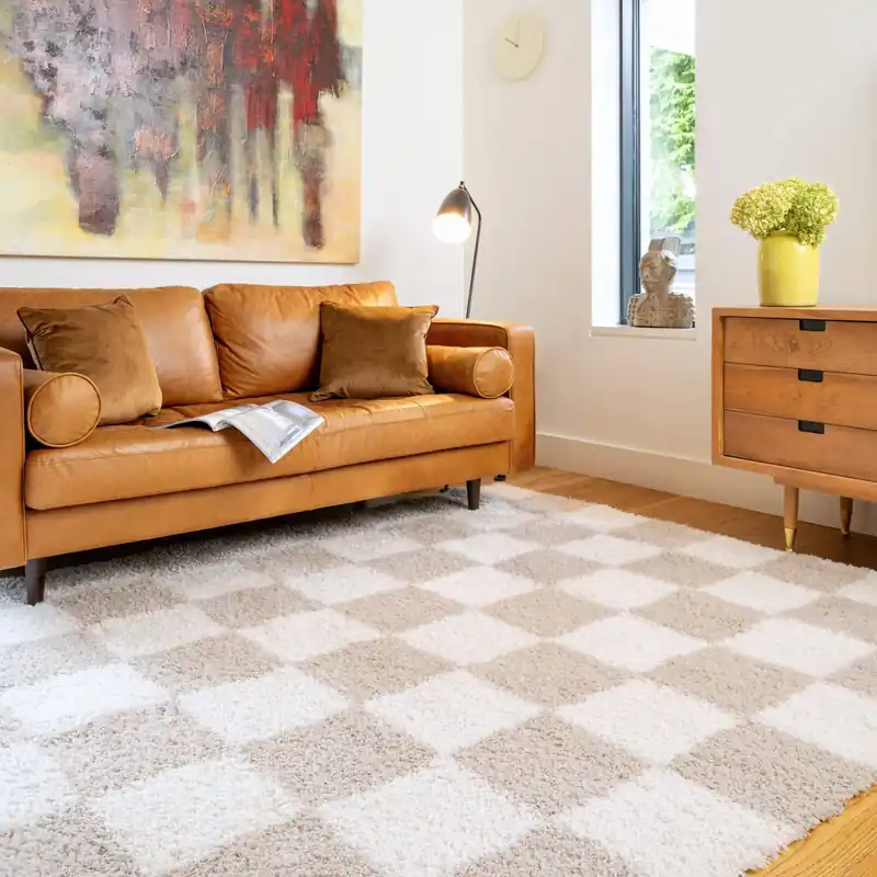 Beige Shaggy Checkerboard Checked Living Room Area Rug - Kukoon