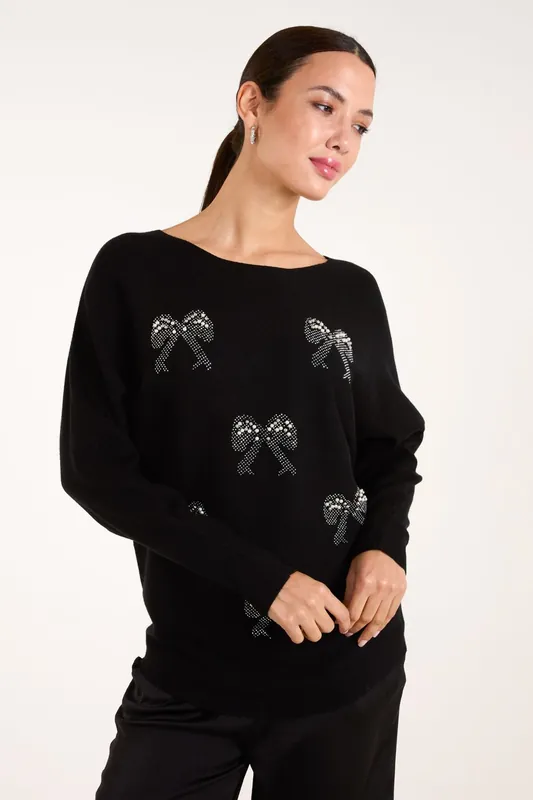 Embellished Bows Knitted Jumper - Blue Vanilla
