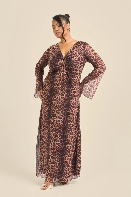 Curve Leopard Print Trim Detail Flare Sleeve Midi Dress - FASHION-SZN