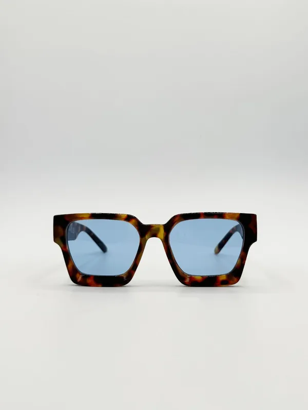 Chunky Oversize square Sunglasses in Tortoiseshell with Blue Lenses - SVNX
