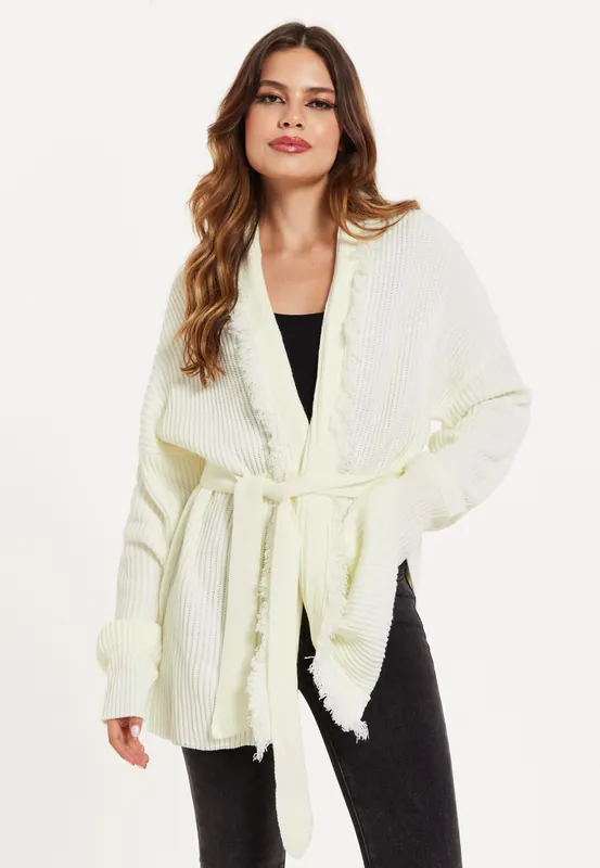 Open Front Cream Cardigan With Fringe Details - Liquorish