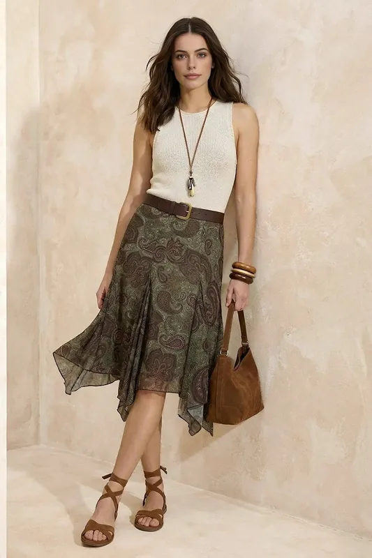 Paisley Print Asymmetric Hem Midi Skirt - WOVCOR
