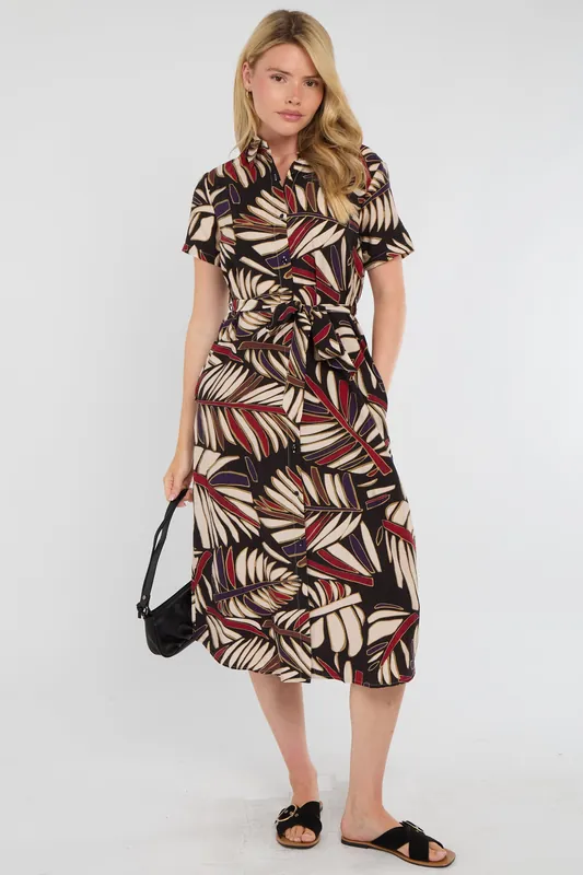 Black Bold Leaf Print Midi Shirt Dress - Love Sunshine
