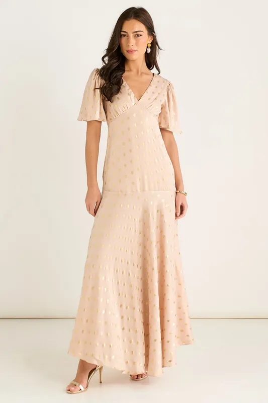 Stone Angel Sleeves Foil Pattern Maxi Dress - Gini London