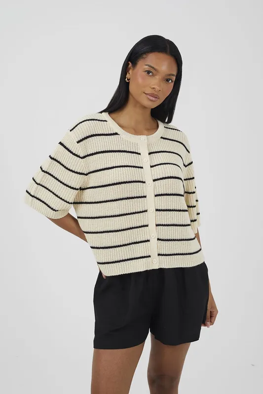 Striped Short Sleeve Fisherman Knit Cardigan - Brave Soul