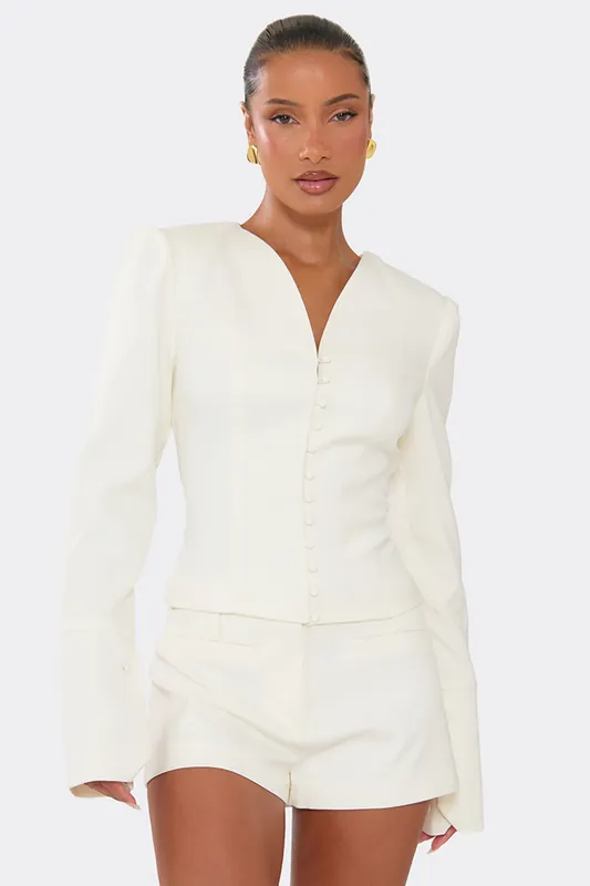 Tailored Long Sleeve Button Up V-neck Blazer