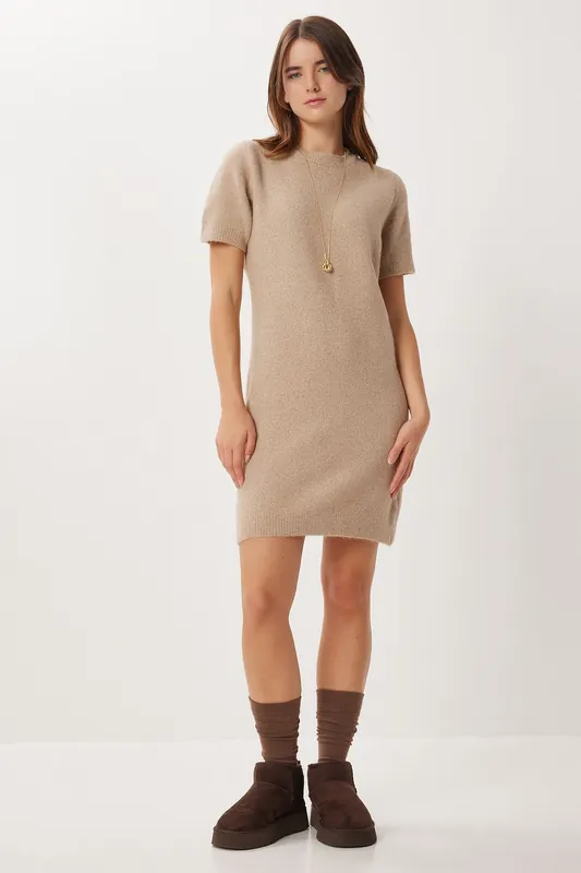 Ribbed Knit Mini Dress with Crew Neck - Happiness Istanbul
