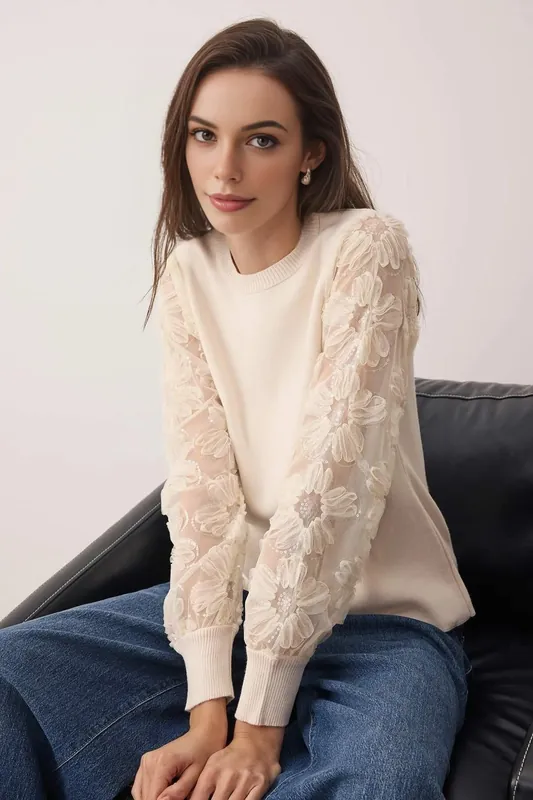 Knitted Crew-Neck Sweater With Sheer Tulle Floral Sleeves