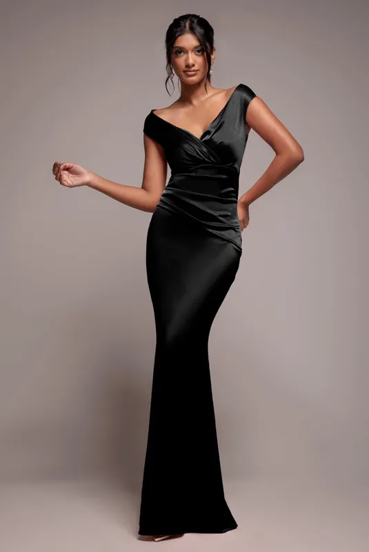 Satin Off The Shoulder Maxi Dress - Goddiva