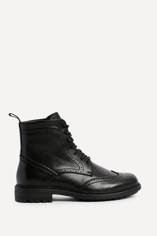 Leonardo Mens Black Faux Leather Brogue Boots - Linzi