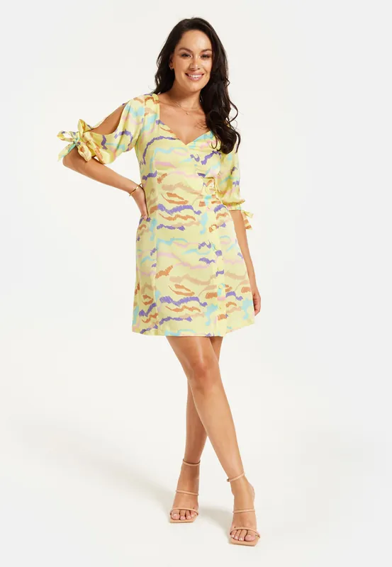 Abstract Zebra Print Mini Dress With Back Tie Up In Yellow - Liquorish