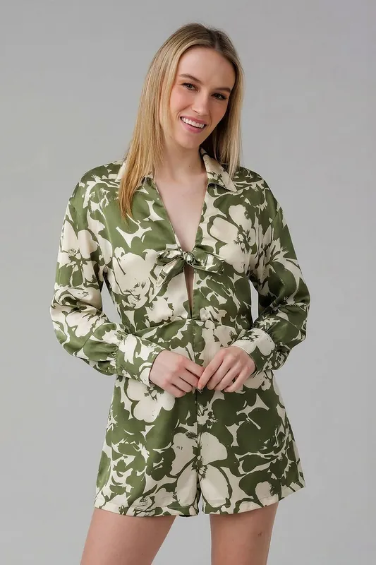 Floral Print Satin-Style Plunge Neck Tie Long Sleeve Playsuit