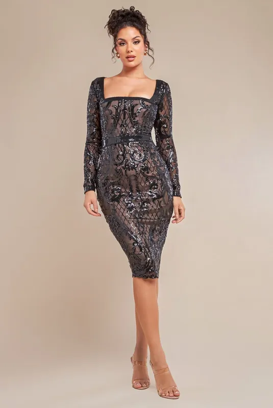 Sequin Square Neck Bodycon Midi Dress With Scalloped Hem - Goddiva