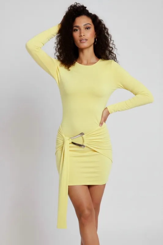 Buckle Detail Draped Long Sleeve Bodycon Mini Dress - STYLEWISE
