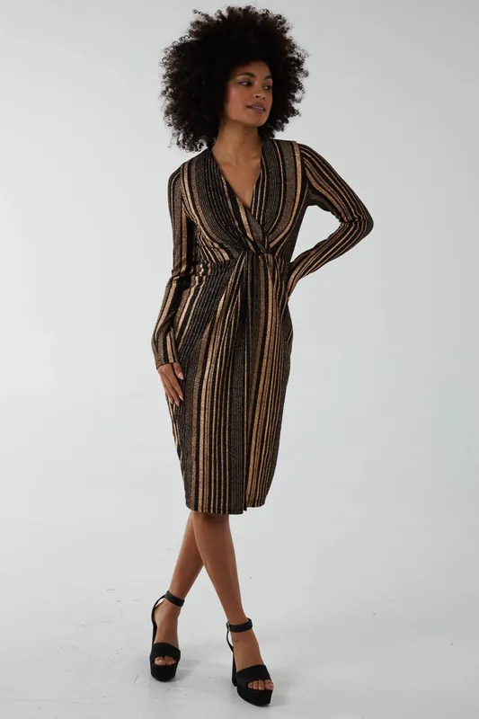 Foil Stripes Twist Front Midi Dress - Blue Vanilla