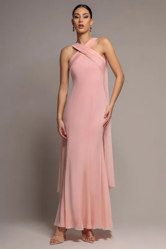 Cross Front Scarf Back Chiffon Mermaid Maxi Dress - Goddiva
