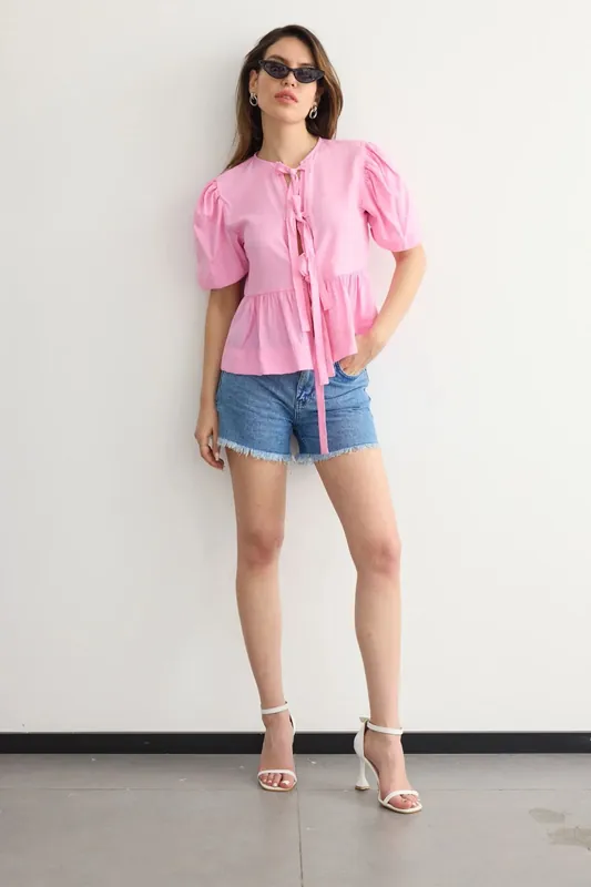Tie-Up Neck Blouse with Puff Sleeves