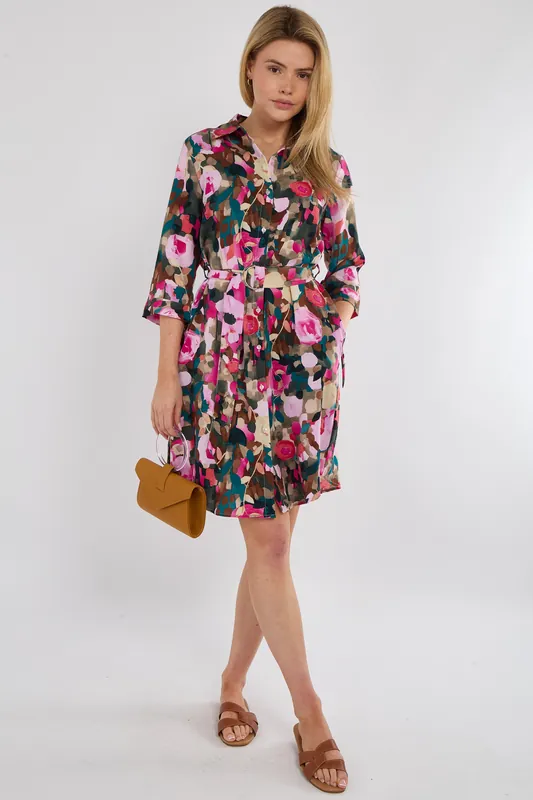 Emerald Rose Print Half Sleeve Mini Shirt Dress - Love Sunshine