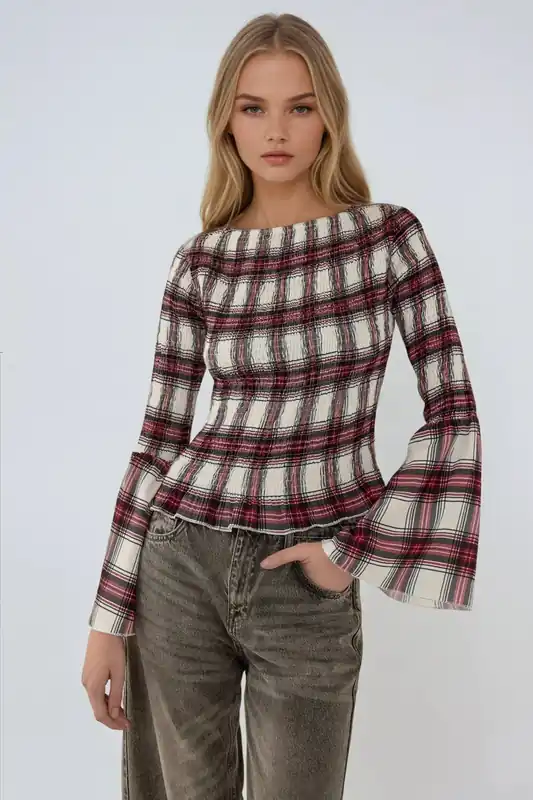 Shirred Boat Neck Plaid Top - Hiccup