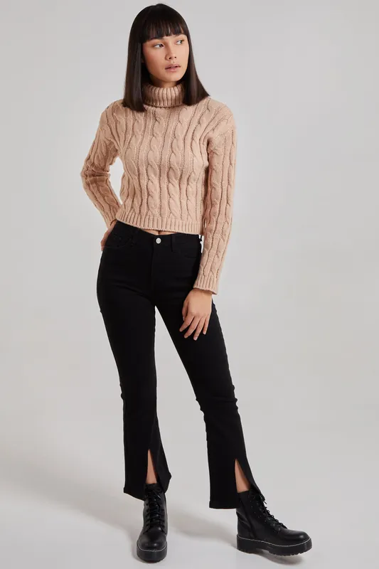 Camel Cropped Cable Knit Jumper - Pink Vanilla